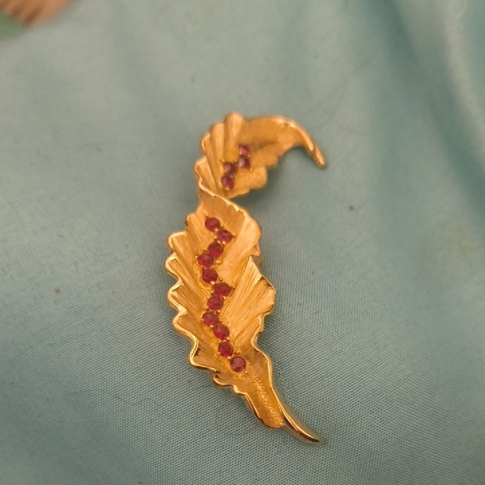 Gold Leaf Brooch with Red Gem Accents - Women Jewelry